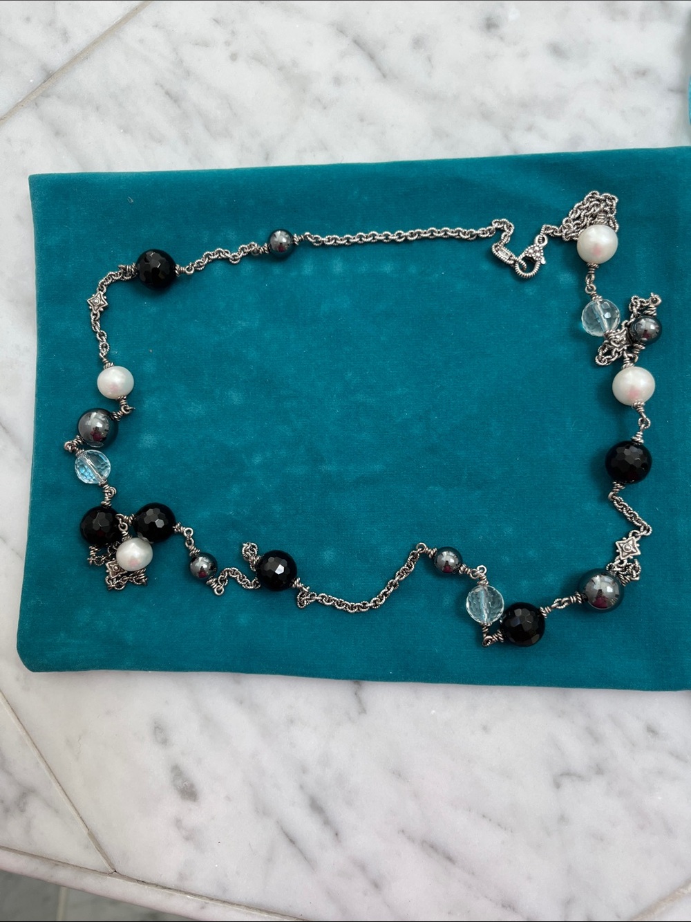 Judith Ripka Black, White and Blue Beaded Station Necklace